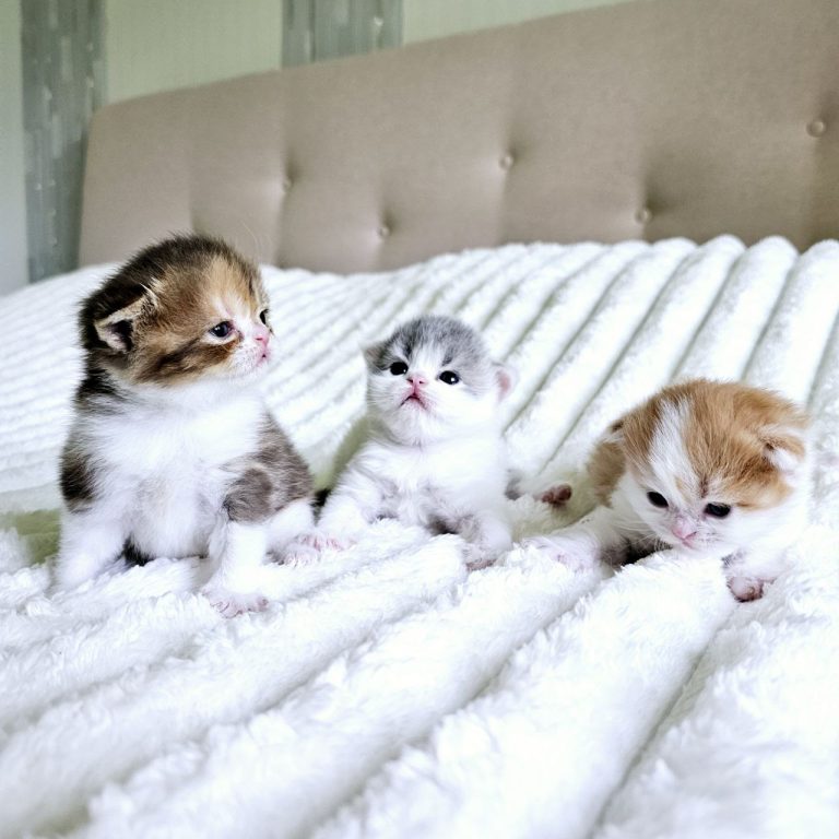 Three Scottish Straight kittens posing on sofa – chocolate, blue, and red bicolor – BestOfTheBest Cattery Pennsylvania